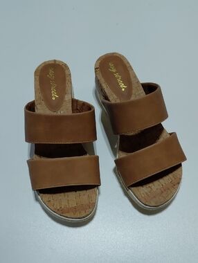 EASY STREET Women’s Maryann Tan Double-Strap Cork Slide Sandals Size 7.5W